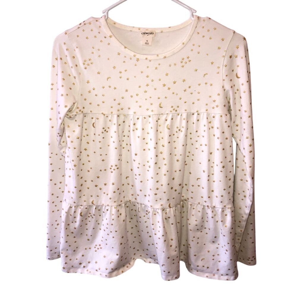 Crewcuts Kids Girls Size XL White Gold Moon Stars Long Sleeve Tunic Shirt Top